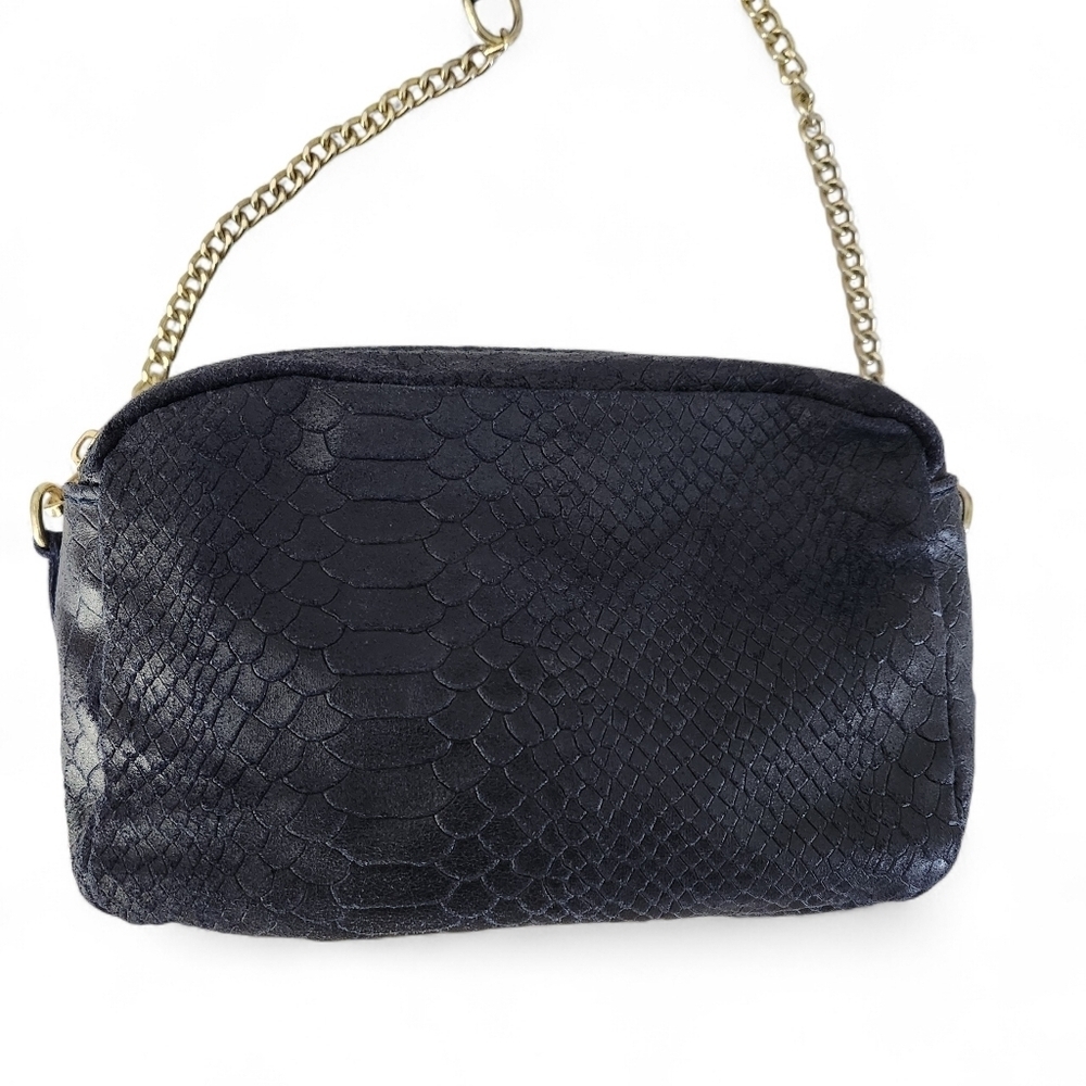 Dark Navy Genuine Leather Crossbody Bag – Python Texture Double-Zip - Picture 7 of 14